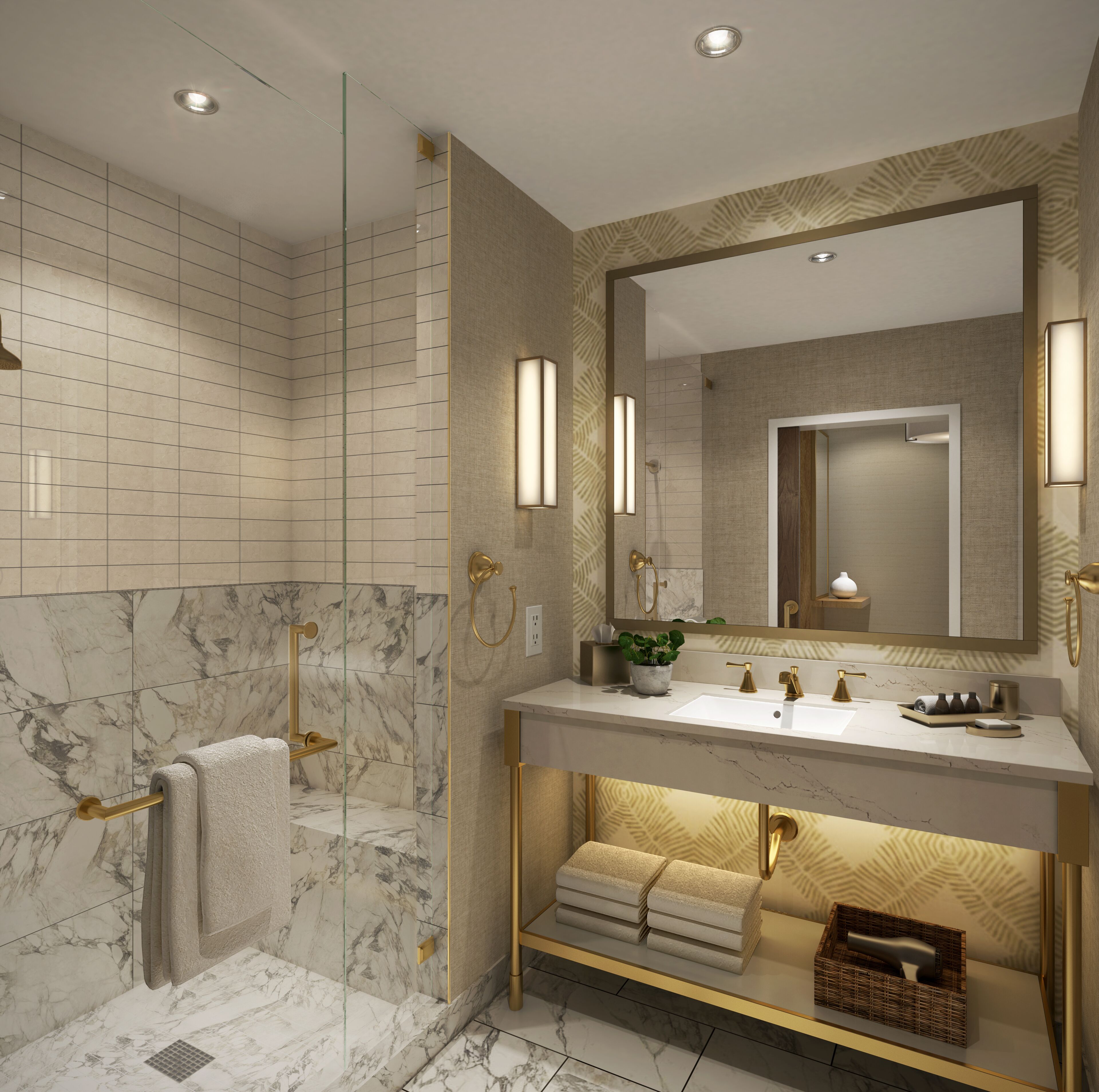 Une salle de bain moderne dotée d’une douche à parois de verre, d’un meuble-lavabo avec un grand miroir et d’un revêtement de sol en marbre.