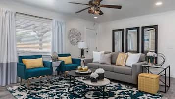 Smart TV, fireplace, books