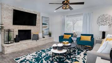 Smart TV, fireplace, books