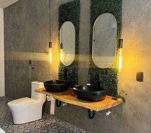 Bathtub, hair dryer, towels, soap