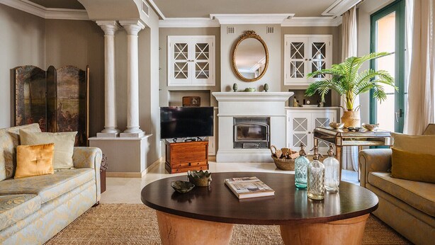 A living room with a fireplace, a television, and a coffee table with decorative items. - Palace in the center of the town with pool (Sevilla)