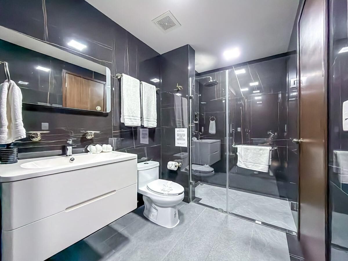 Shower, hair dryer, towels