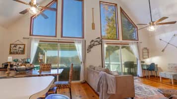 Smart TV, fireplace, table football, books