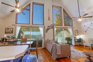 Smart TV, fireplace, foosball, books