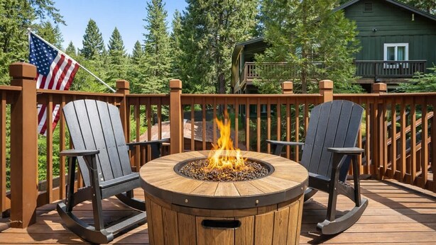 A deck with a round fire pit table, two Adirondack chairs, and an American flag.