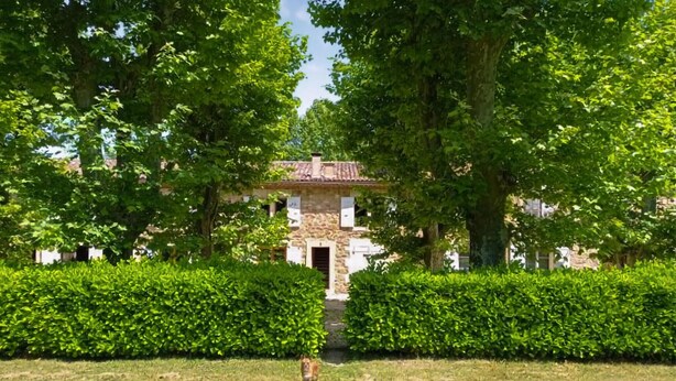 A stone building with a tiled roof, surrounded by lush green hedges and trees. - Lovely apartment in Rustrel (Rustrel)