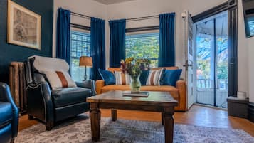 Smart TV, fireplace, books