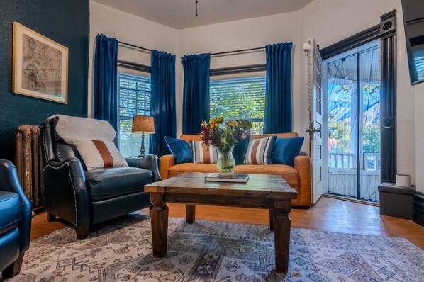 Smart TV, fireplace, books