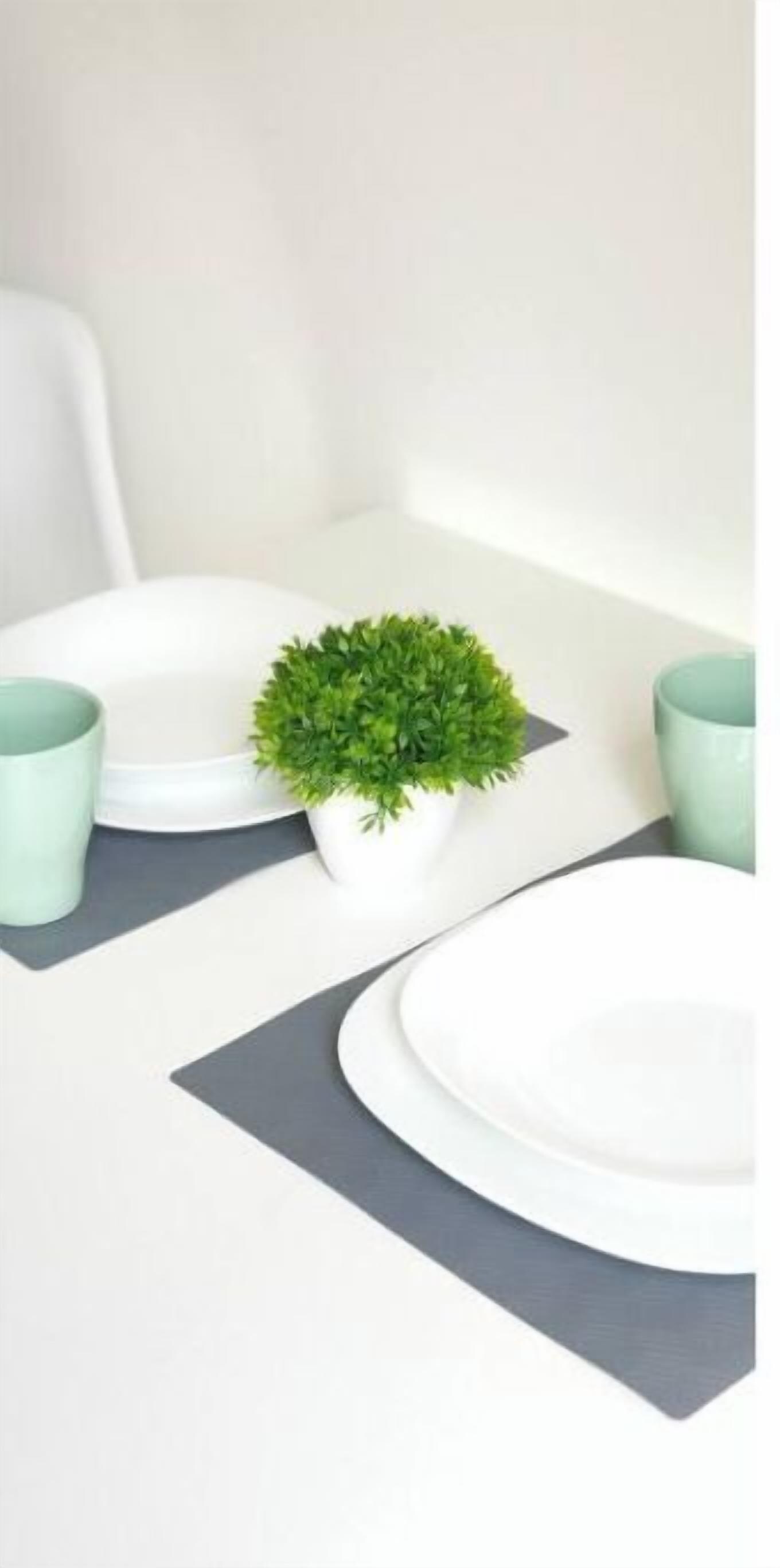 Une table à manger avec deux assiettes, deux tasses vertes et une petite plante en pot.