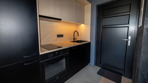 A modern kitchen with black cabinetry, a built-in oven, and a black sink. - North Mountain View Suites (Akureyri)