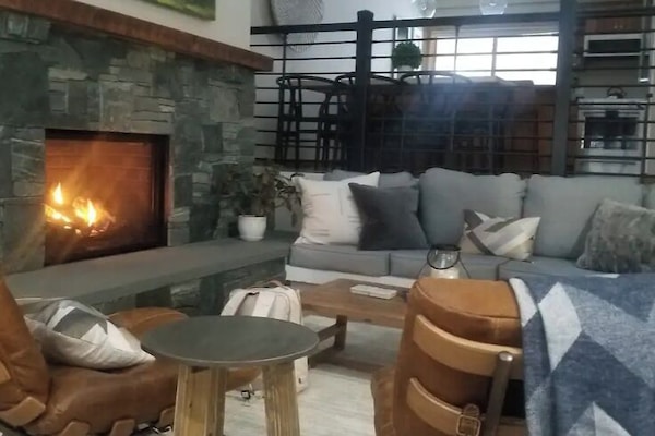 Smart TV, fireplace, books, stereo