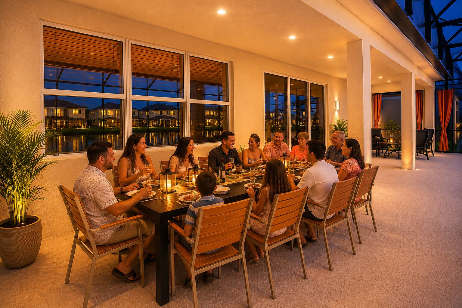 A group of people dining at an outdoor table with large windows, potted plants, and a view of a building in the background.