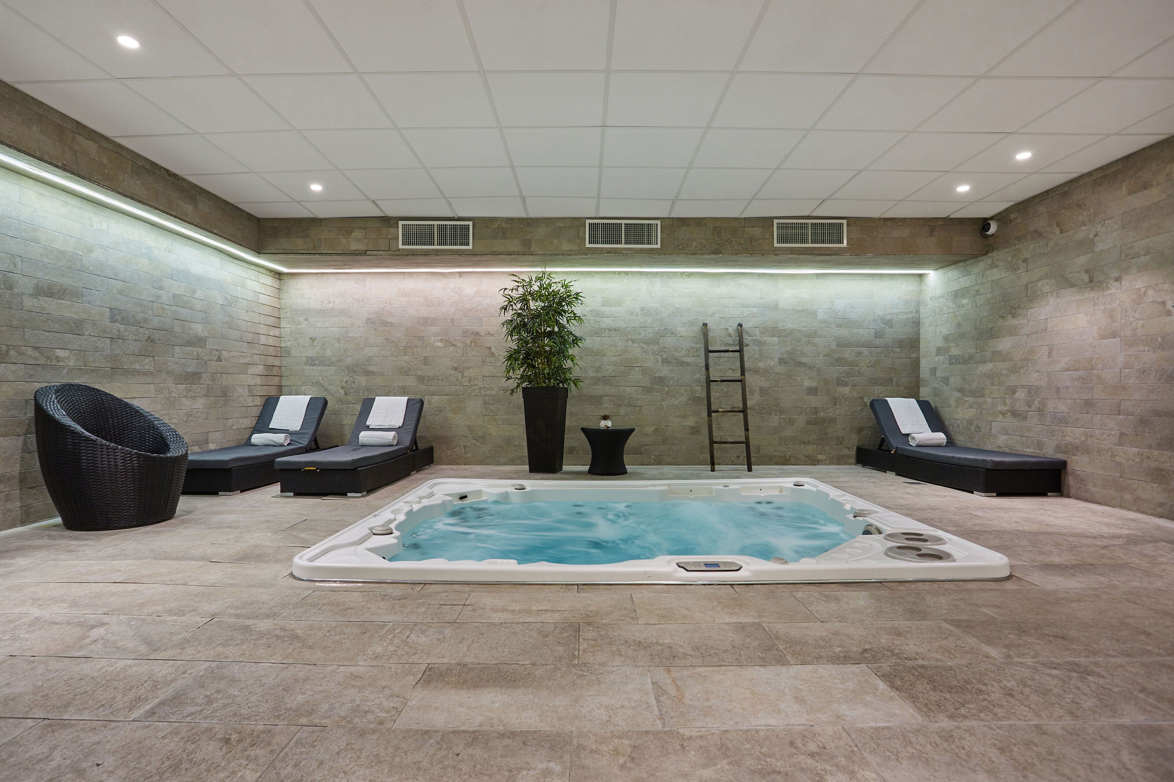 Een wellnessruimte met een jacuzzi, lounge fauteuils, een potplant en een ladder tegen de muur.