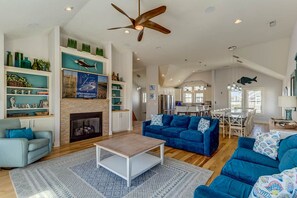 TV, fireplace - Eden Found | 290 ft to the beach | Private Pool, Hot Tub (Corolla)