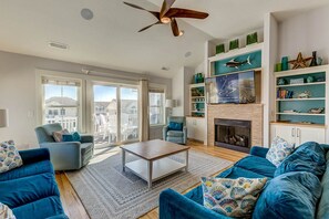 TV, fireplace - Eden Found | 290 ft to the beach | Private Pool, Hot Tub (Corolla)