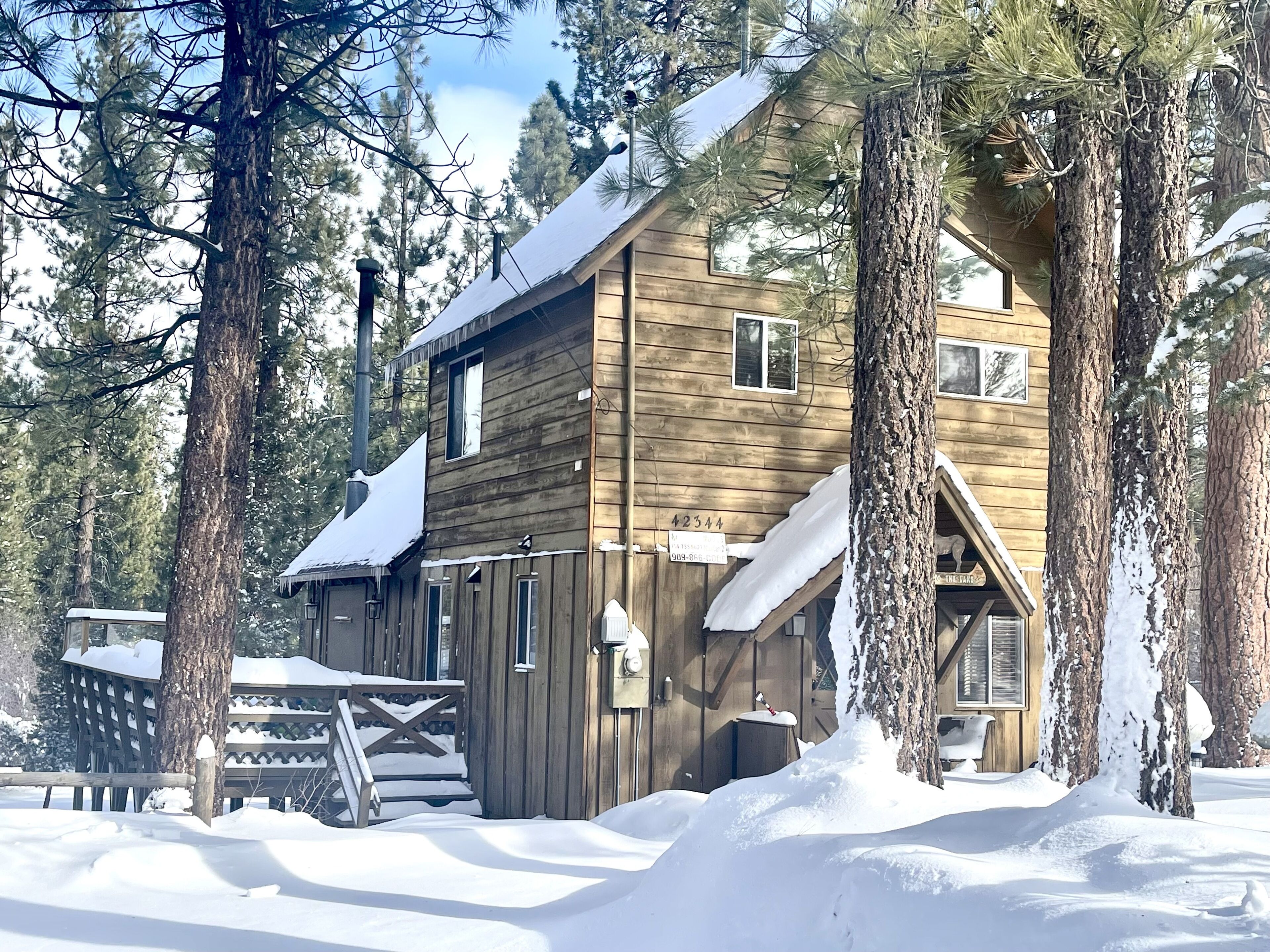 Una cabaña de madera con chimenea, rodeada de árboles cubiertos de nieve.