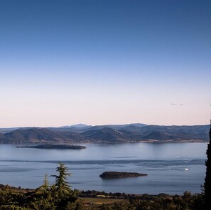 A panoramic view of a lake with distant mountains, a small island, and a clear sky. - Willow apt With Shared Pool (Castiglione del Lago)