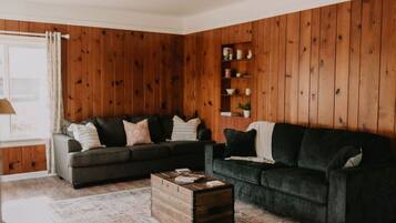 Smart TV, lareira, livros