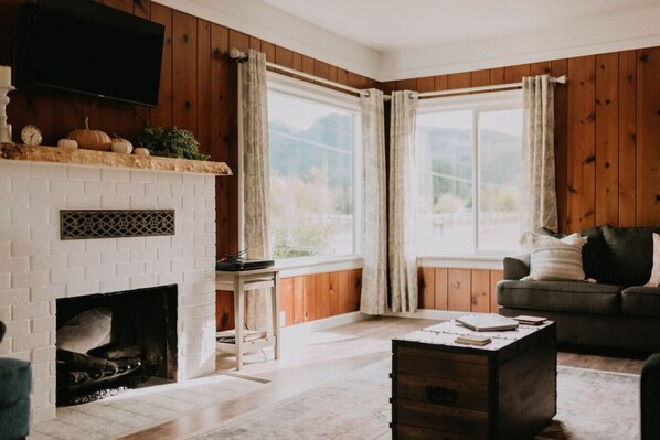 Smart TV, fireplace, books