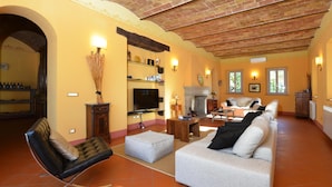 A spacious living room with a sofa, a chair, a television, and a fireplace.