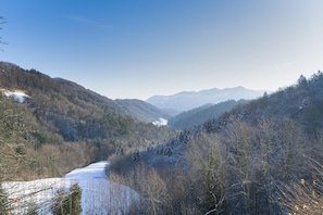 Un paysage montagneux avec une vallée et une rivière.