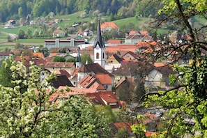 Une ville aux bâtiments aux toits rouges, une église imposante surmontée d’un clocher élancé, et des collines verdoyantes en arrière-plan.