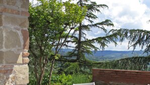Ein Tisch im Freien mit Blick auf eine gebirgige Landschaft.