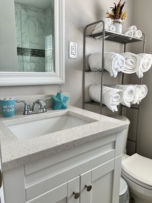 Shower, hair dryer, towels, soap