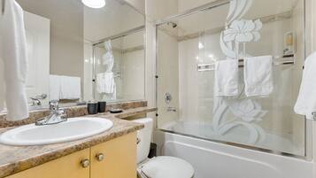 Combined shower/bathtub, hair dryer, towels, soap