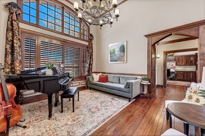 TV connectée, cheminée, livres, chaîne hi-fi