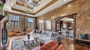 TV connectée, cheminée, livres, chaßne hi-fi