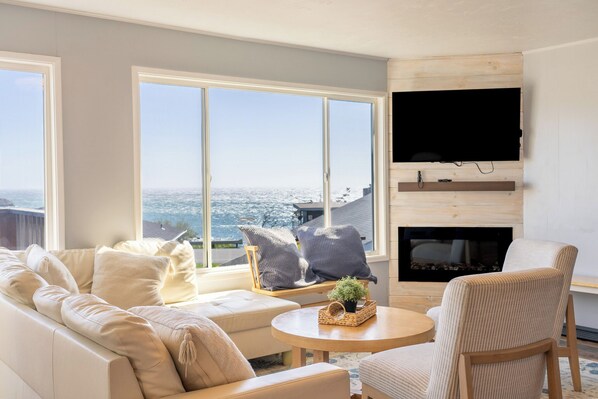 Smart TV, fireplace, books