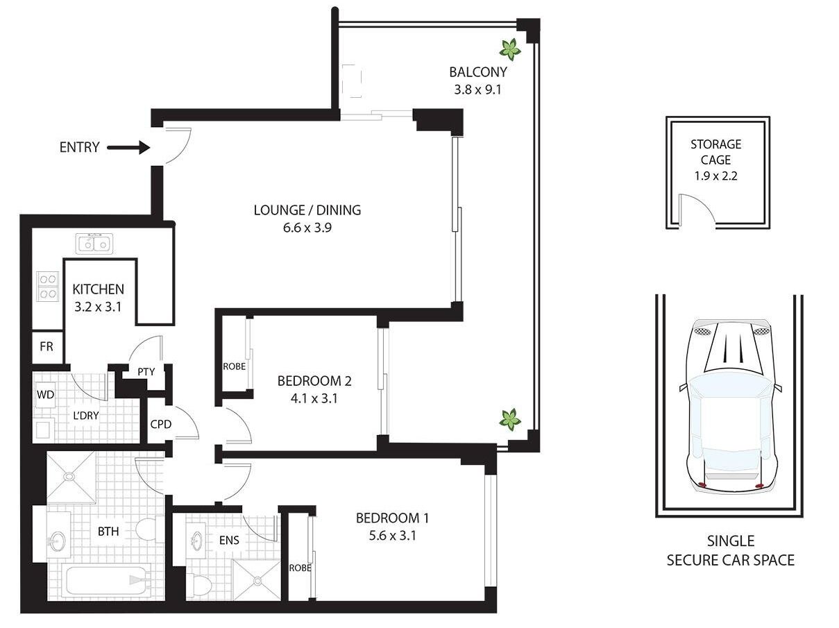 Plan d’étage d’un hôtel comprenant un balcon, une cuisine, un salon, deux chambres et un espace de stationnement sécurisé.