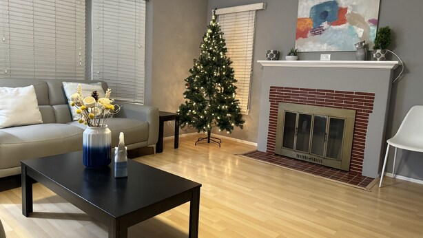 Un salon avec un canapé gris, une table basse noire ornée d’un vase de fleurs, un sapin de Noël et une cheminée.