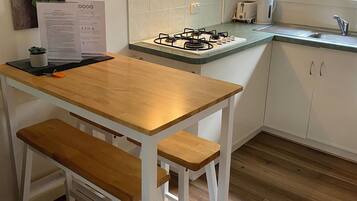 Fridge, microwave, electric kettle, toaster