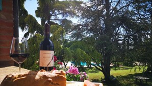 Una mesa con una botella de vino, una copa de vino, y un plato de pan y queso.