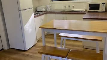 Fridge, microwave, electric kettle, toaster