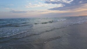 Une plage aux vagues douces et sous un ciel dégagé.
