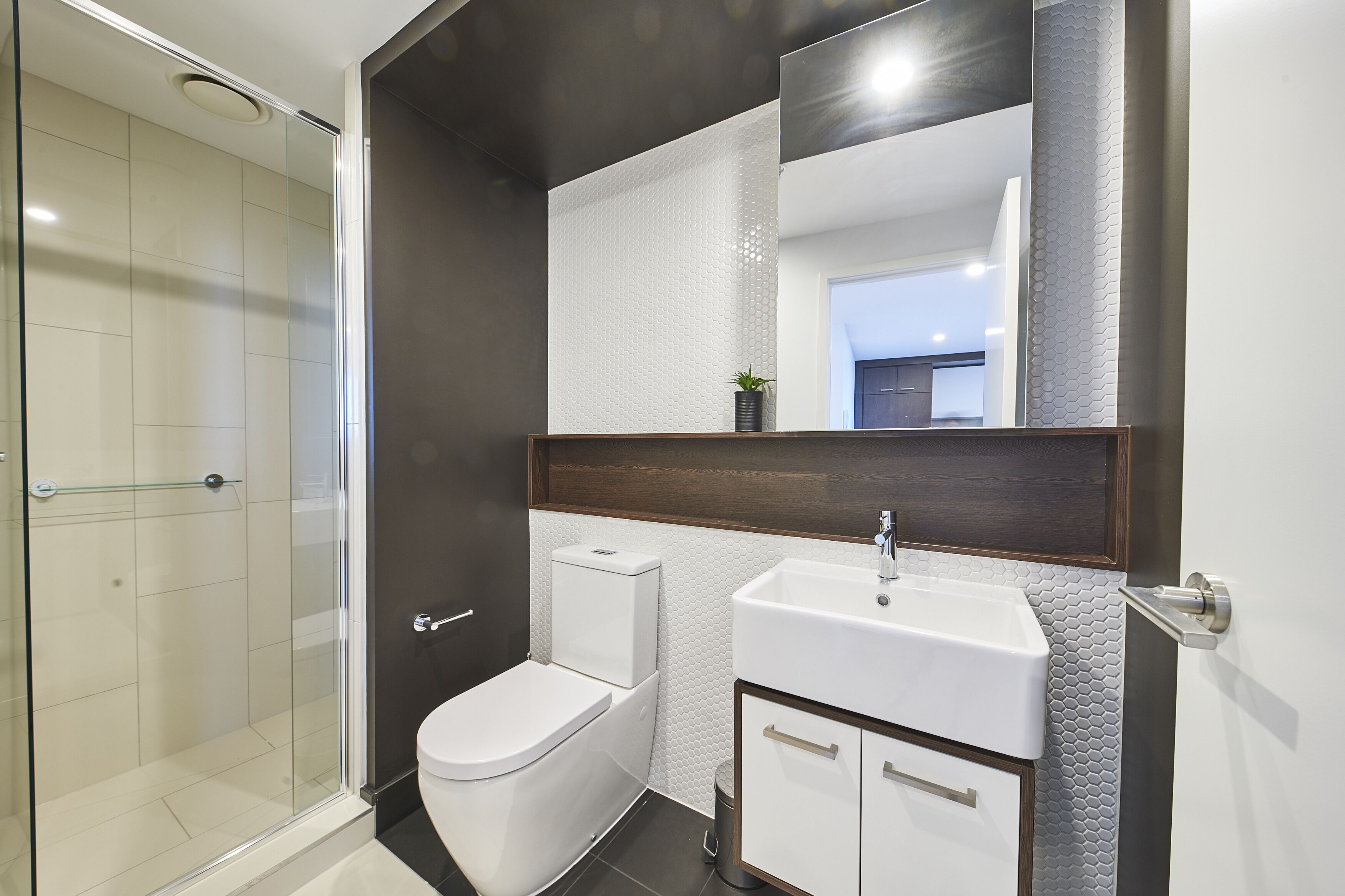 A modern bathroom with a glass shower enclosure, a white toilet, and a sink with a mirror above.