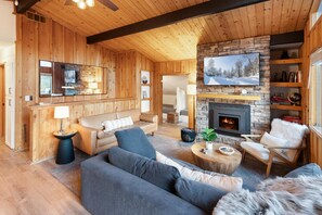 TV, fireplace, video games, foosball