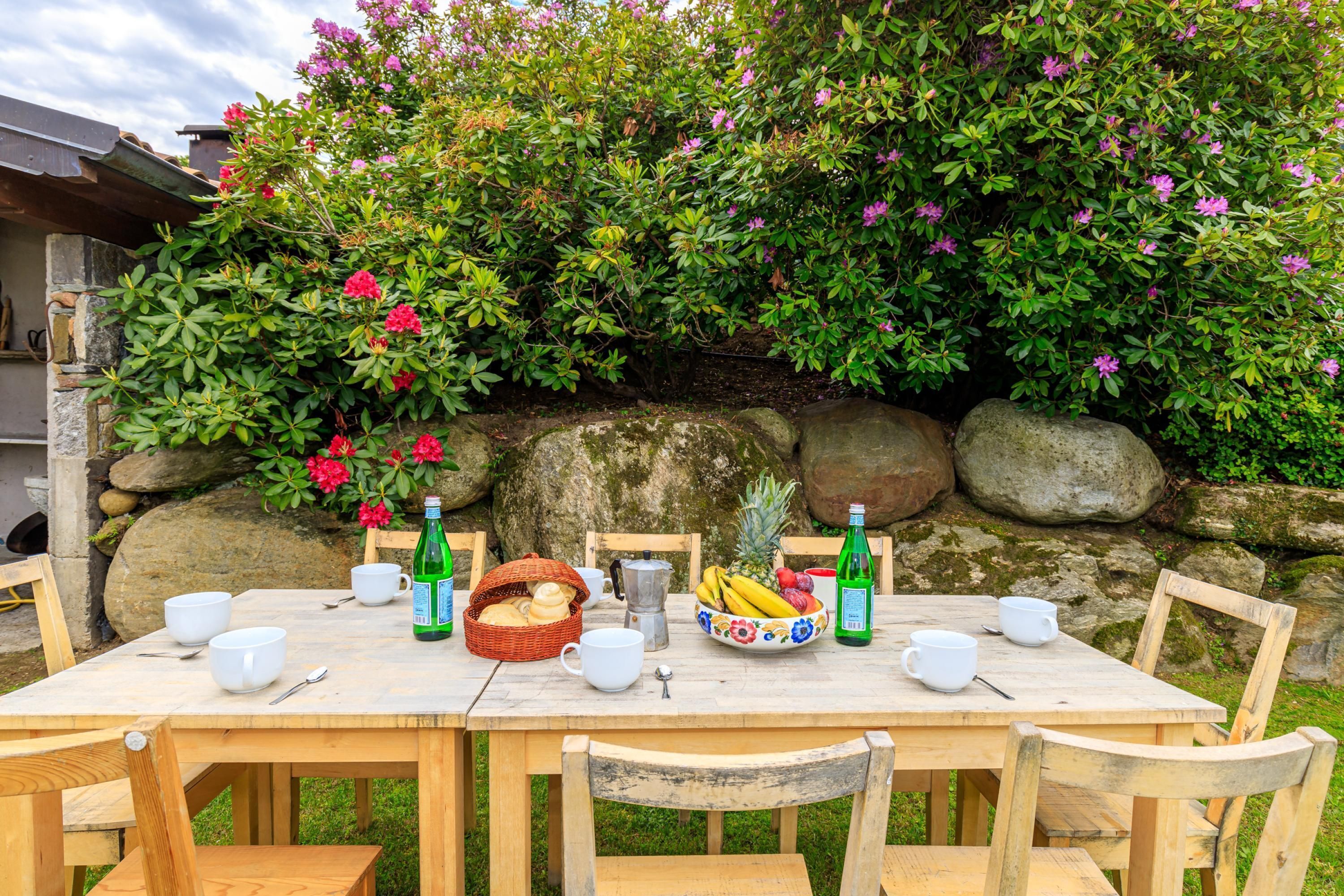 A wooden table set outdoors with white cups, a basket of bread, a bowl of fruit, and green bottles.