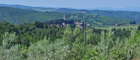 A rural landscape with a village, olive groves, and rolling hills in the background.