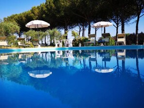 Une piscine aux eaux cristallines, bordée de chaises longues et d’ombrelles, et entourée d’arbres.