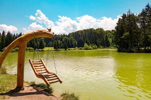 A wooden swing by a lake with a forest in the background. - Family Friendly Kra Evec Lodge (Bloke)