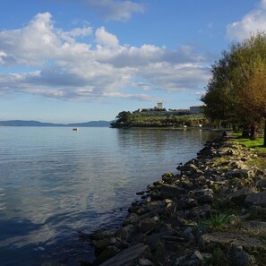 A calm lake with a rocky shoreline, a tree-lined path, and a distant castle-like structure.