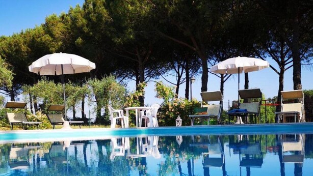 A clear blue pool with white lounge chairs and umbrellas, surrounded by trees. - Hawthorn apt With Shared Pool Family fun (Castiglione del Lago)