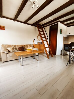 Fernseher, Kamin, Bücher, Musikbibliothek