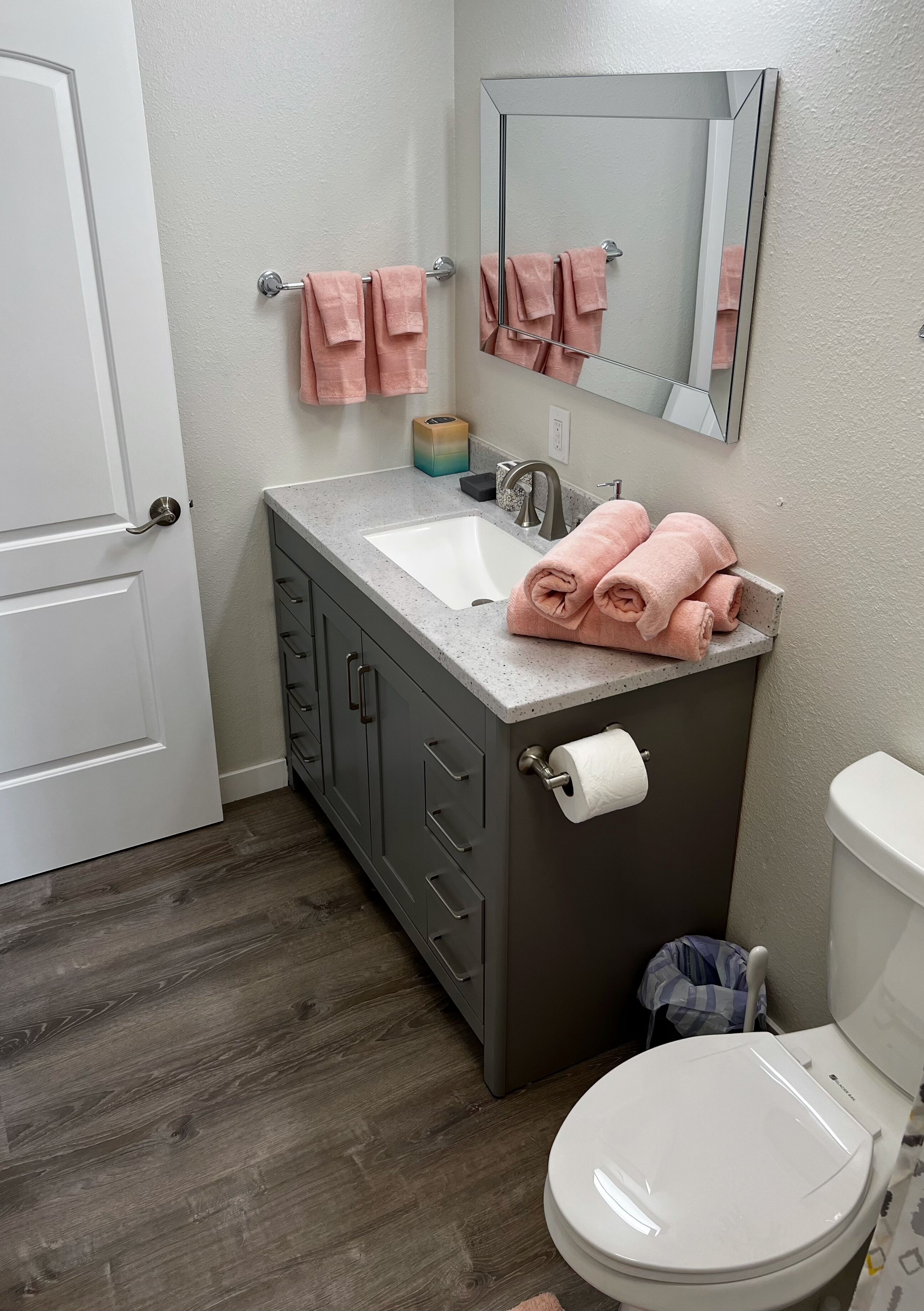 A bathroom with a white toilet, a sink with a mirror above it, and two pink towels hanging on a towel rack.