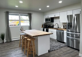 Apartment 1 | Private kitchen | Full-size fridge, microwave, stovetop, dishwasher
