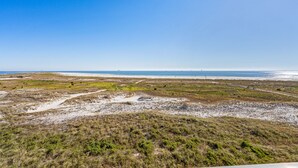Eine Küstenlandschaft mit blauem Himmel, Sandstrand und spärlicher Vegetation.